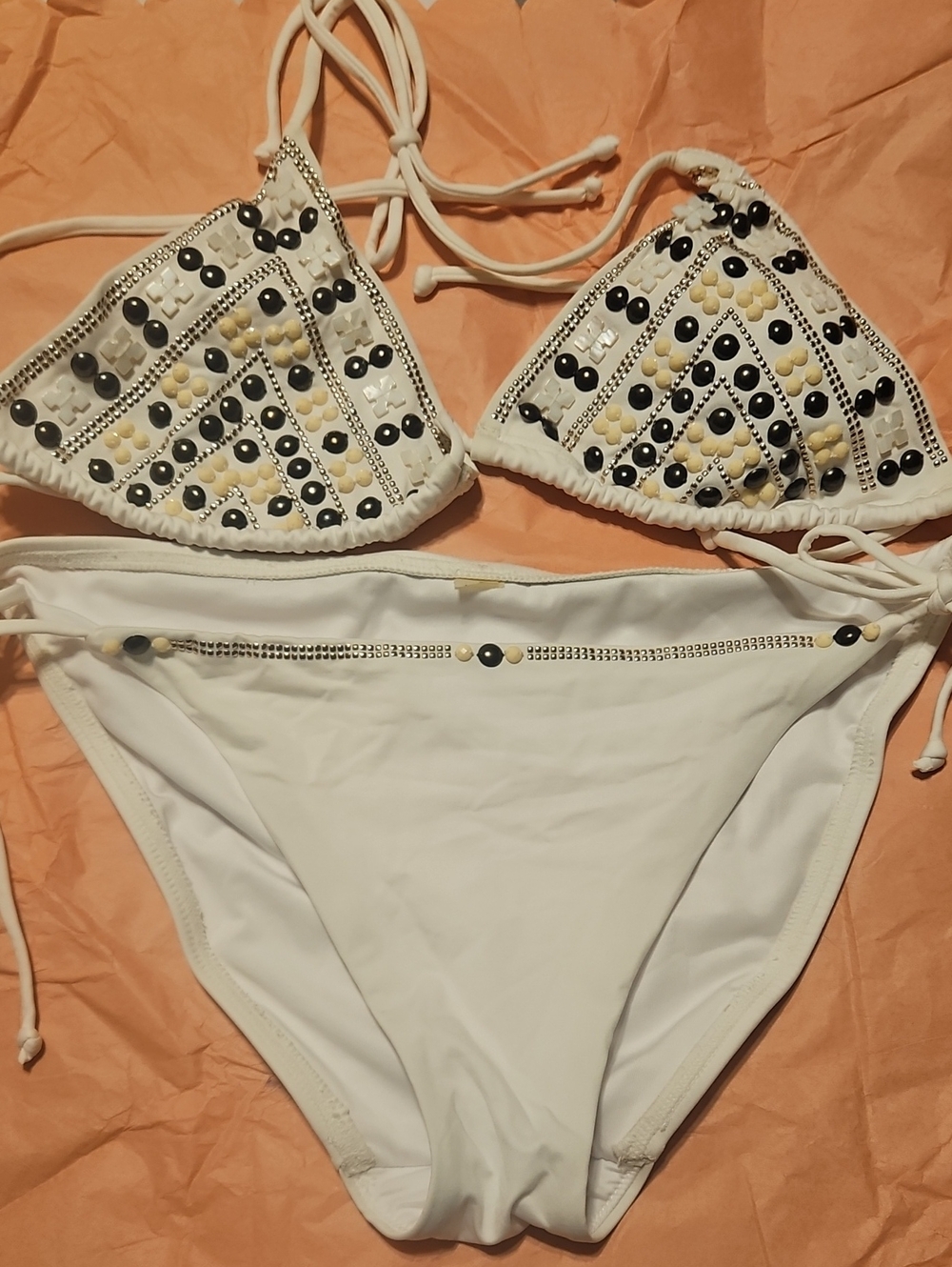Vintage Y2K Victoria's Secret Heavily Beaded Jewel Bikini Set White Large